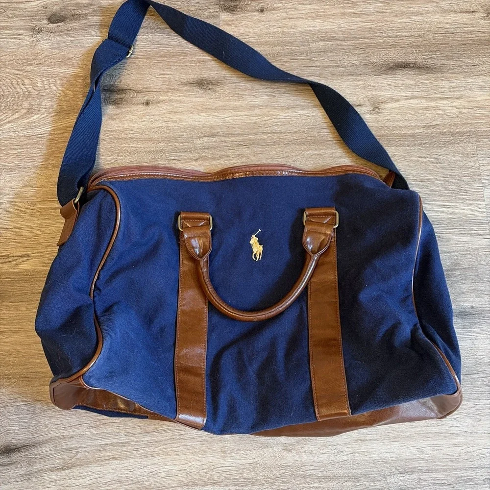 VTG Ralph Lauren Polo Bag Large Blue Canvas Duffle Travel Leather Trim Weekender